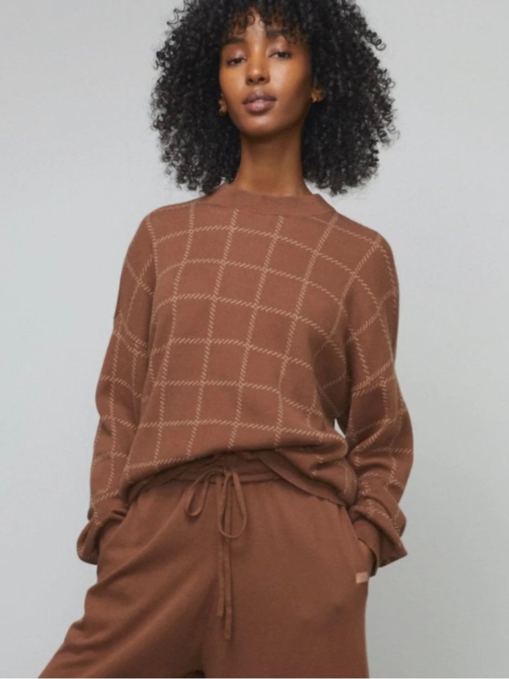 Lunya Cozy cotton silk pullover humble brown plaid sweater size XS lounge chic